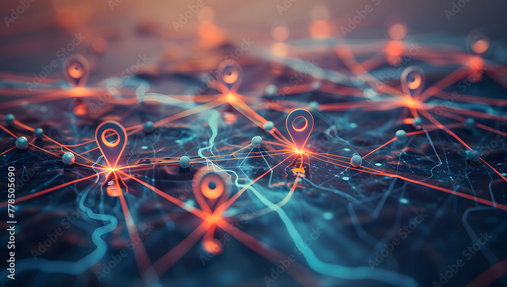 Poster A digital map featuring interconnected location pins, symbolizing global network connectivity and geographic information technology. Concept of global connections and geolocation maps for business.