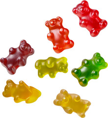 Colorful assortment of chewy gummy bears cut out on transparent background