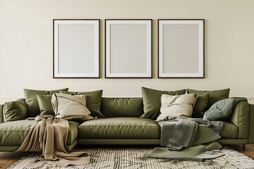 A cozy Scandinavian living room with an olive green sofa set against a cream wall. Four blank empty mock-up poster frames 