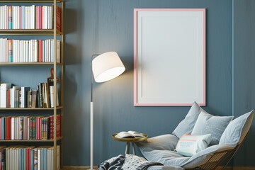 A cozy, Scandinavian nook with a slate blue wall, featuring a light pink frame mockup poster.