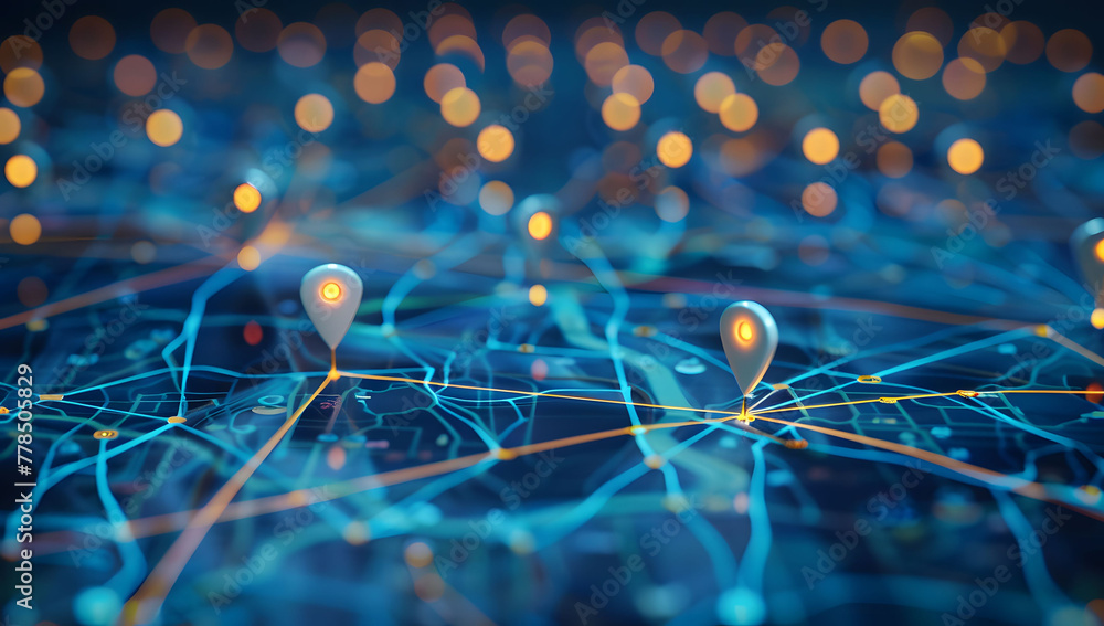 Poster a digital map featuring interconnected location pins, symbolizing global network connectivity and ge