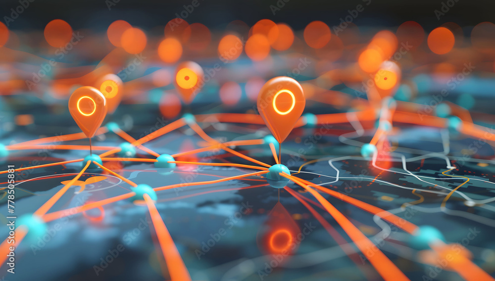 Poster a digital map featuring interconnected location pins, symbolizing global network connectivity and ge