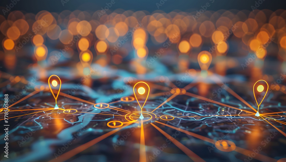 Poster a digital map featuring interconnected location pins, symbolizing global network connectivity and ge