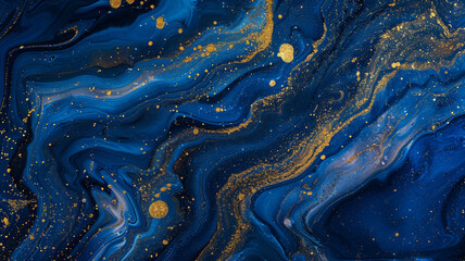 A liquid abstract marble painting background with a deep, oceanic blue base and gold glitter splatter, mimicking the majestic beauty of a starlit ocean, captured in mesmerizing full ultra HD detail.