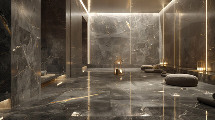 A luxury spa interior where the floors and walls are clad in dark gray marble with subtle gold and white veining. 