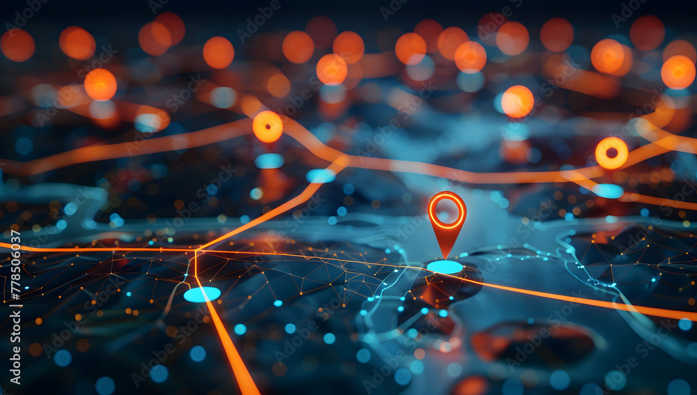 Poster a digital map featuring interconnected location pins, symbolizing global network connectivity and ge