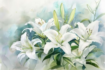 Fototapeta na wymiar Elegant White Lilies in Full Bloom with Delicate Buds, Watercolor Painting