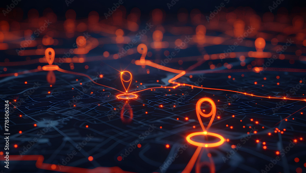 Poster a digital map featuring interconnected location pins, symbolizing global network connectivity and ge