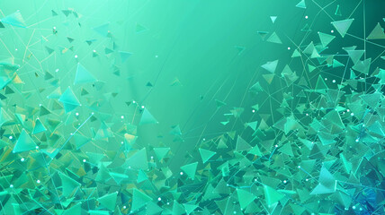 A panoramic abstract scene featuring turquoise dots and triangles linked by luminous aqua lines, 