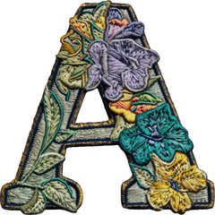 extured embroidery patch of letter 'A' with golden stitching cut out on transparent background