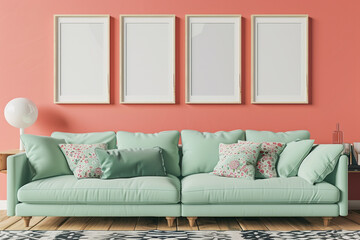 A playful Scandinavian living room with a mint green sofa set against a coral wall. Four blank empty mock-up poster frames