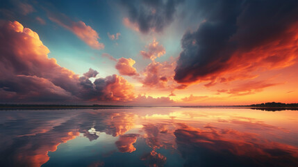 Closeup of sunset sky landscape atmosphere with red orange cloudy heaven and a lake or sea with...