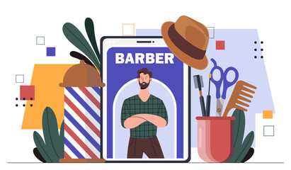 Barber online concept. Man with haircomb and moustaches. Scissors and hat . Hairdresser at workplace. Beauty, aesthetics and elegance. Cartoon flat vector illustration isolated on white background
