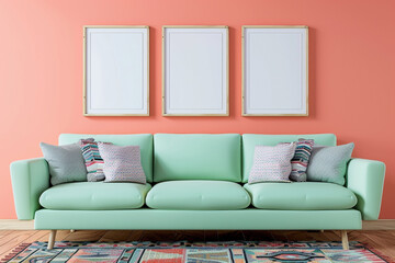 A playful Scandinavian living room with a mint green sofa set against a coral wall. Four blank empty mock-up poster frames 