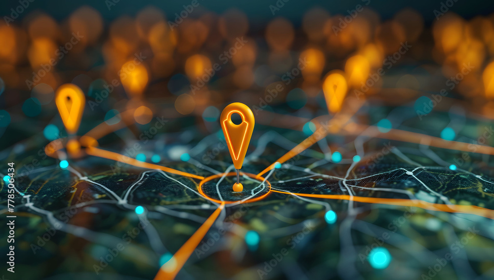 Poster a digital map featuring interconnected location pins, symbolizing global network connectivity and ge