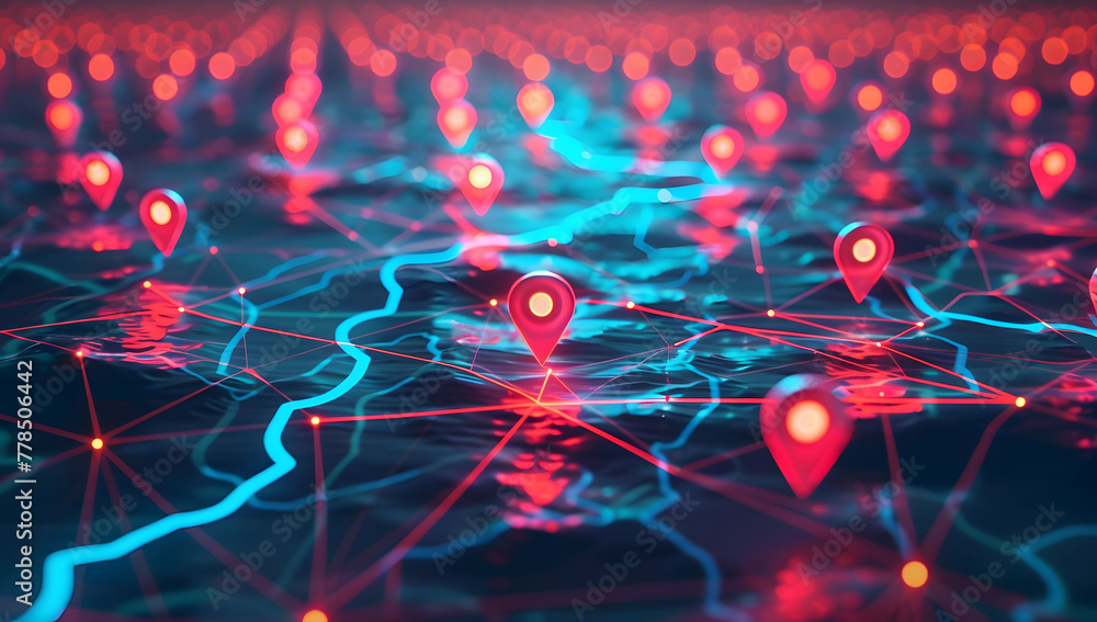 Poster a digital map featuring interconnected location pins, symbolizing global network connectivity and ge