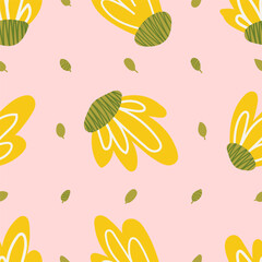 Cute spring, summer flowers. Seamless pattern for textile, fabric, paper print. Vector illustration in modern style.