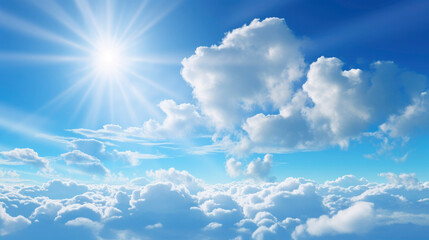 Closeup of cloudy sky with white clouds in blue heaven with shining sun - Powered by Adobe
