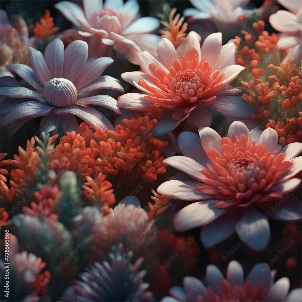 Poster a beautiful background of multi-colored flowers in a 3d style. this design element, with its intrica