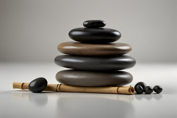 Zen Pebble Stack with Bamboo, White Background
