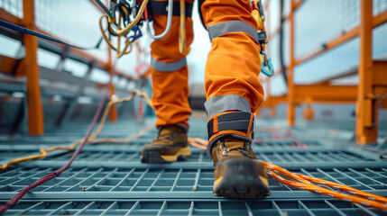 Elevated Walk on Industrial Gridwork, Focus on Safety Boots and Harness Ropes - obrazy, fototapety, plakaty