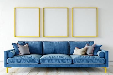 A vibrant Scandinavian living room with an electric blue sofa set against a stark white wall. Three blank mock-up poster frames