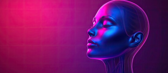 An artists head is illuminated in shades of purple and blue, creating a mesmerizing display of electric blue and magenta lights