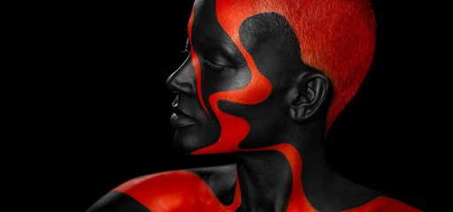 The Art Face. How To Make A Mixtape Cover Design - Download High Resolution picture with black and red body paint on african woman for your music song. Create album template with creative Image. - 778506896