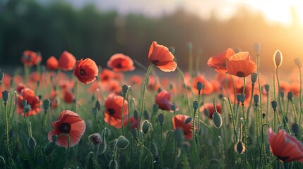 Fototapeta premium poppy field at sunset close-up