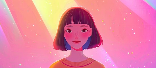 A girl with short pink hair is standing in front of a rainbow, showcasing her nose, head, lip, eyebrow, eye, mouth, eyelash, and jaw