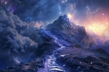 Ethereal mountain path illuminated by celestial light, spiritual journey illustration - obrazy, fototapety, plakaty