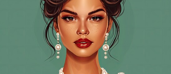 A portrait of a woman with a pearl necklace and earrings, showcasing her delicate features like her nose, cheek, lips, jaw, eyelashes, eyeshadow, iris, and lipstick - obrazy, fototapety, plakaty