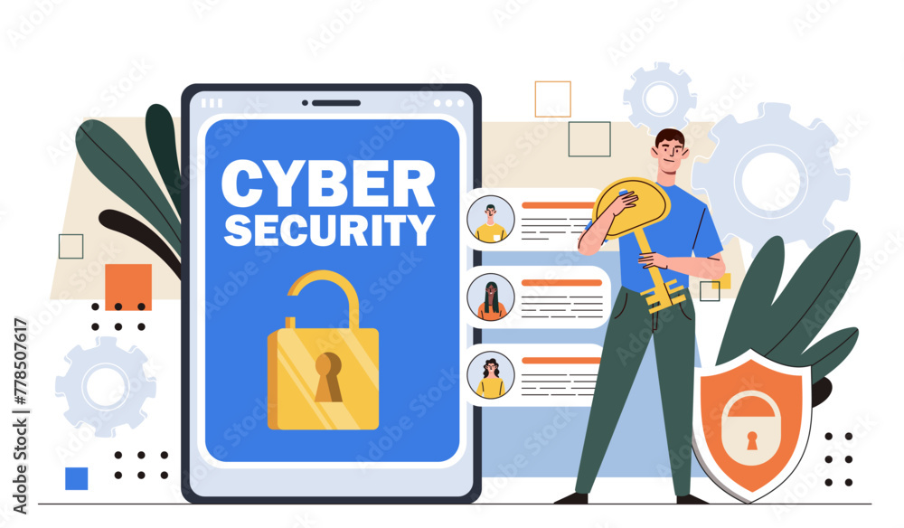 Poster cyber security concept. man near shield at smartphone. safety of personal data and information on in
