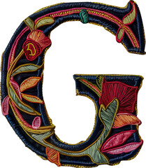 Embroidered patch of the letter 'G' cut out on transparent background