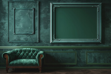 In a tranquil art gallery, a dark green wall supports an empty frame with a velvet green finish, evoking a sense of depth and richness.