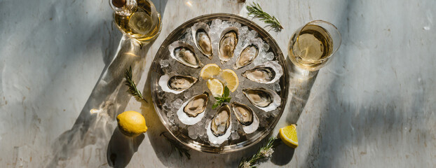 A high angle, wide panoramic center justified photo of a tray of beautifully prepared raw oysters on the half shell, served on ice with white wine and Lemons, symmetry - obrazy, fototapety, plakaty