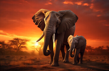 Fototapeta na wymiar Twilight Procession of Elephants