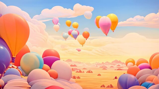 Vibrant painting capturing a multitude of balloons gracefully soaring amidst the vast blue sky, Balloons of various sizes floating in an abstract pastel sky, AI Generated