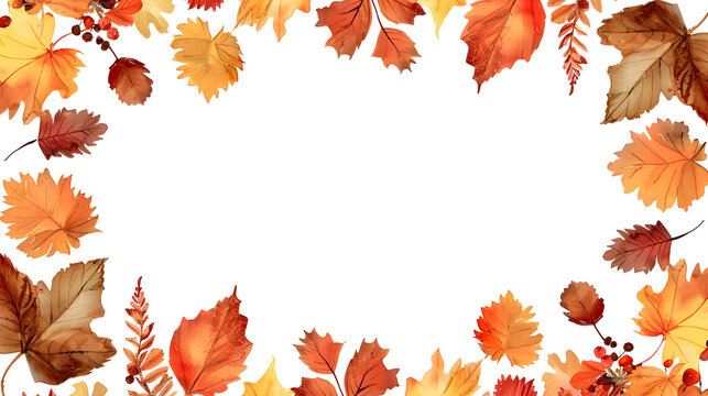 Autumnal colored leaves painted with watercolor as a frame isolated on a transparent background