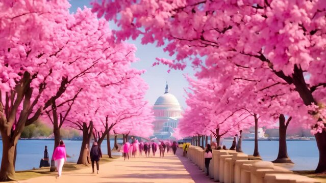 A diverse group of people walking together on the sidewalk alongside a beautiful body of water, Cherry blossom festival in Washington DC, AI Generated