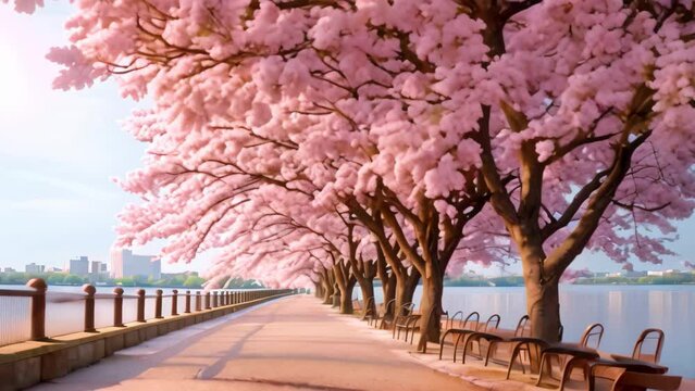 A serene and picturesque view of a row of cherry blossom trees lining a sidewalk alongside a calm body of water, Cherry blossom festival in Washington DC, AI Generated