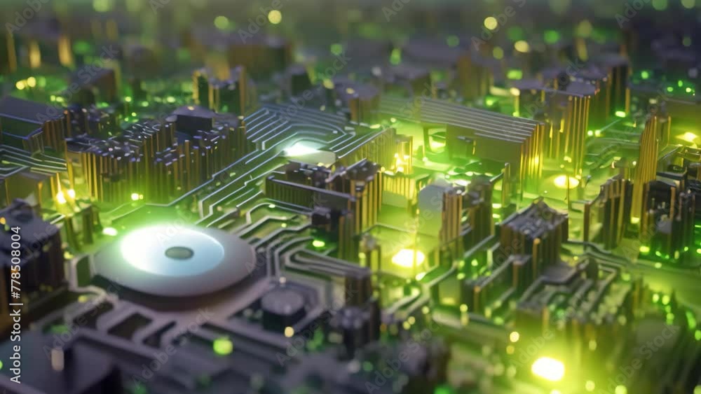 Poster this video shows a detailed view of a circuit board with several lights illuminating, circuit board 