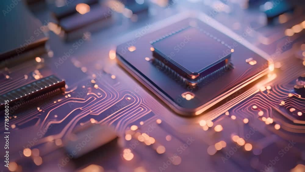 Poster this video captures a detailed view of a computer chip on a circuit board, close-up of a circuit boa