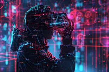 Cyberpunk hacker with holographic interfaces and virtual reality elements, futuristic digital art - obrazy, fototapety, plakaty