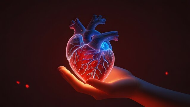 hand holding a digital image of a human heart with glowing blood vessels.