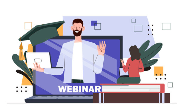 Educational webinar digital. Man with laptop at screen of gadget. Remote learning and training, education. Courses and master class, lecture on internet. Cartoon flat vector illustration