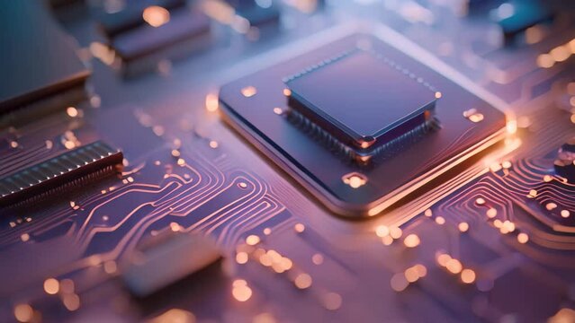This Video captures a detailed view of a computer chip on a circuit board, Close-up of a circuit board with glowing neon lights, AI Generated