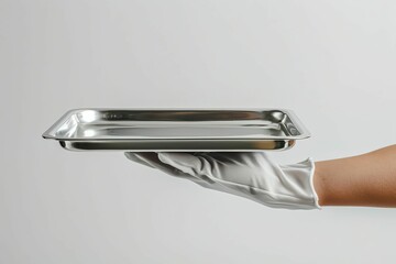 Elegant Waiter's Gloved Hand Presenting Empty Silver Tray on White Background - Concept Photo