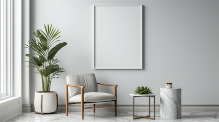 A classic mid-century modern design with a white frame mockup, a chic chair, marble table, and a succulent.