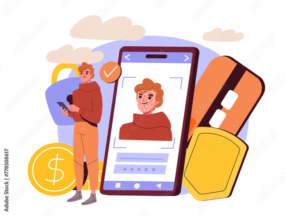 Poster face scan concept. man standing near smartphone. authorization and authentication. login and passwor